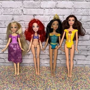 Disney Princess Dolls Belle Ariel Rapunzel Jasmine Lot of 4 Dolls Mattel Hasbro